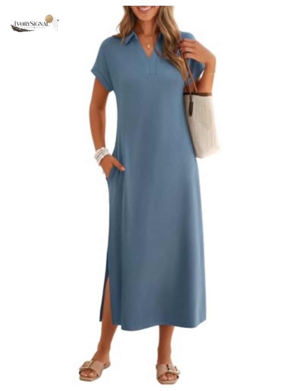 Women V Neck Collared Maxi Dress Cap Sleeve Side Splits Pockets Casual